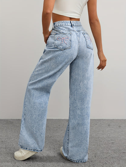 [High-Waist Straight-Leg Jeans] Women's High-Waist Straight-Leg Jeans in Light Wash Denim with Embroidered Bow Detail - Y2K Style, Fashionable and Versatile, Non-Stretch Fabric