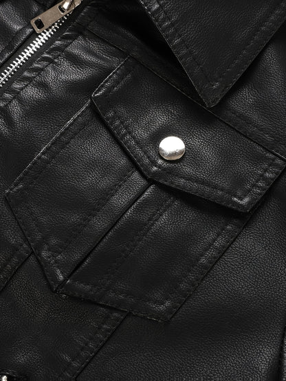 Women's Hooded PU Leather Jacket, Classic Slim-Fit Biker Style with Detachable Hood, Full-Zip PU Leather Coat with Multiple Pockets, Warm Windproof Outerwear for Spring, Fall & Winter Casual & Daily Outfits