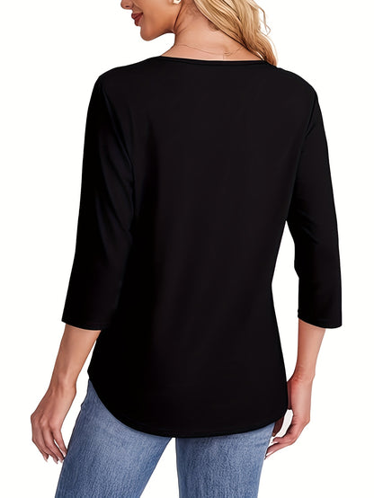 Women'S Three-Piece Set: Elegant 3/4 Sleeve Pleated Front T-Shirt, Casual Spring/Summer Top, Solid Color, All-Season Wear, Casual Attire|Pleated Front Top| Construction, Ladies T Shirts