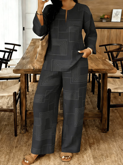 2pcs New European And American Casual Suit, Loose Fit for Daily Wear, Small V-Neck Top Paired with Casual Pants, Women's Outfit