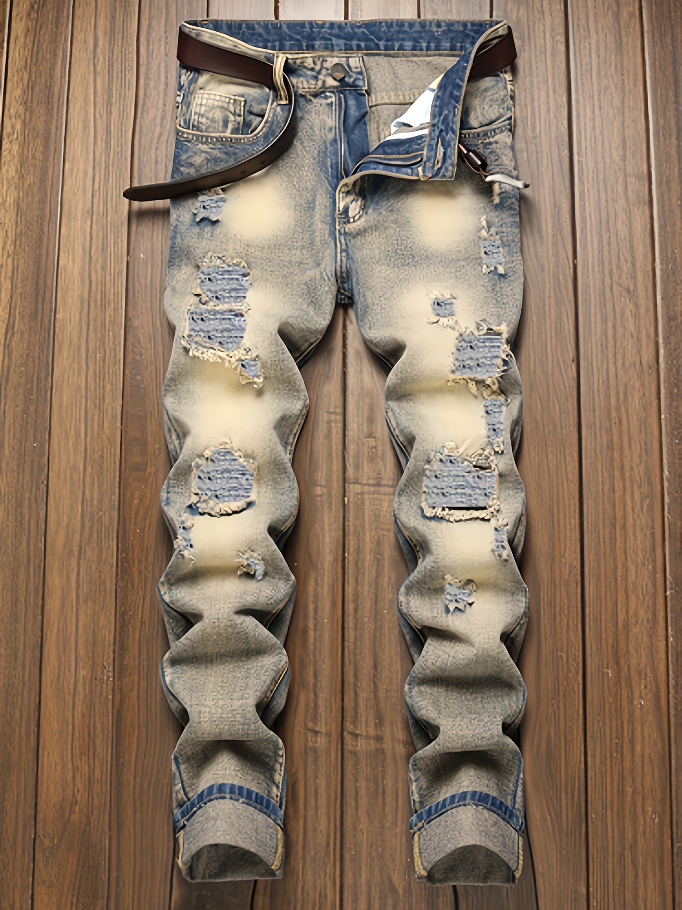 [HME] Men's Street Fashion Jeans, Classic Five-pocket Style, Retro Washed Mud Yellow, Irregular Hole Patch Design, Mid-waist Elastic Slim Straight Leg, YKK Zipper Closure, Trendy Brand Cool And Stylish Men's Denim Long Pants