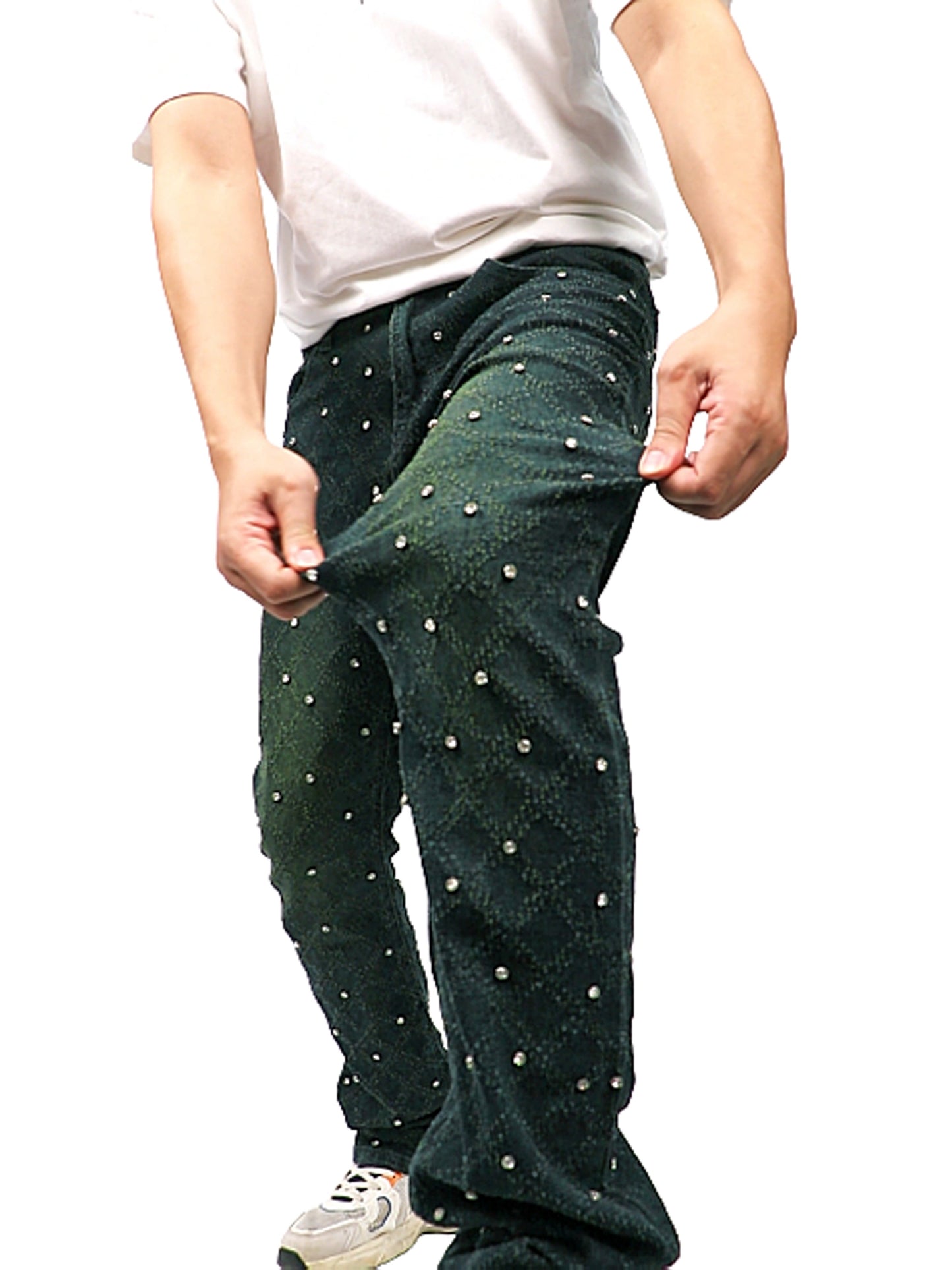 Y2K Men's Shiny Rhinestone Embellished Stretch Slim-Fit Jeans, Casual Street Style Hip-Hop Skateboarding Rap Pants, Machine Washable - All-Season Wear