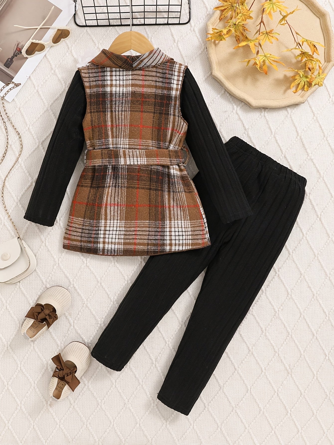 4pcs Girls' Autumn/Winter Set: Black Ribbed High-Neck Long-Sleeve Top, Black Pants, Brown Plaid Jacket with Belt - Elegant and Stylish Outfit, Perfect for Outdoor