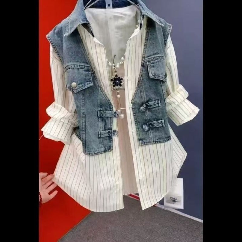 Easy on Denim Shacket for Women, No Zipper Button Two Layer Look Jacket, Spring 2026 Casual Blazer, Versatile Plus Size Coat