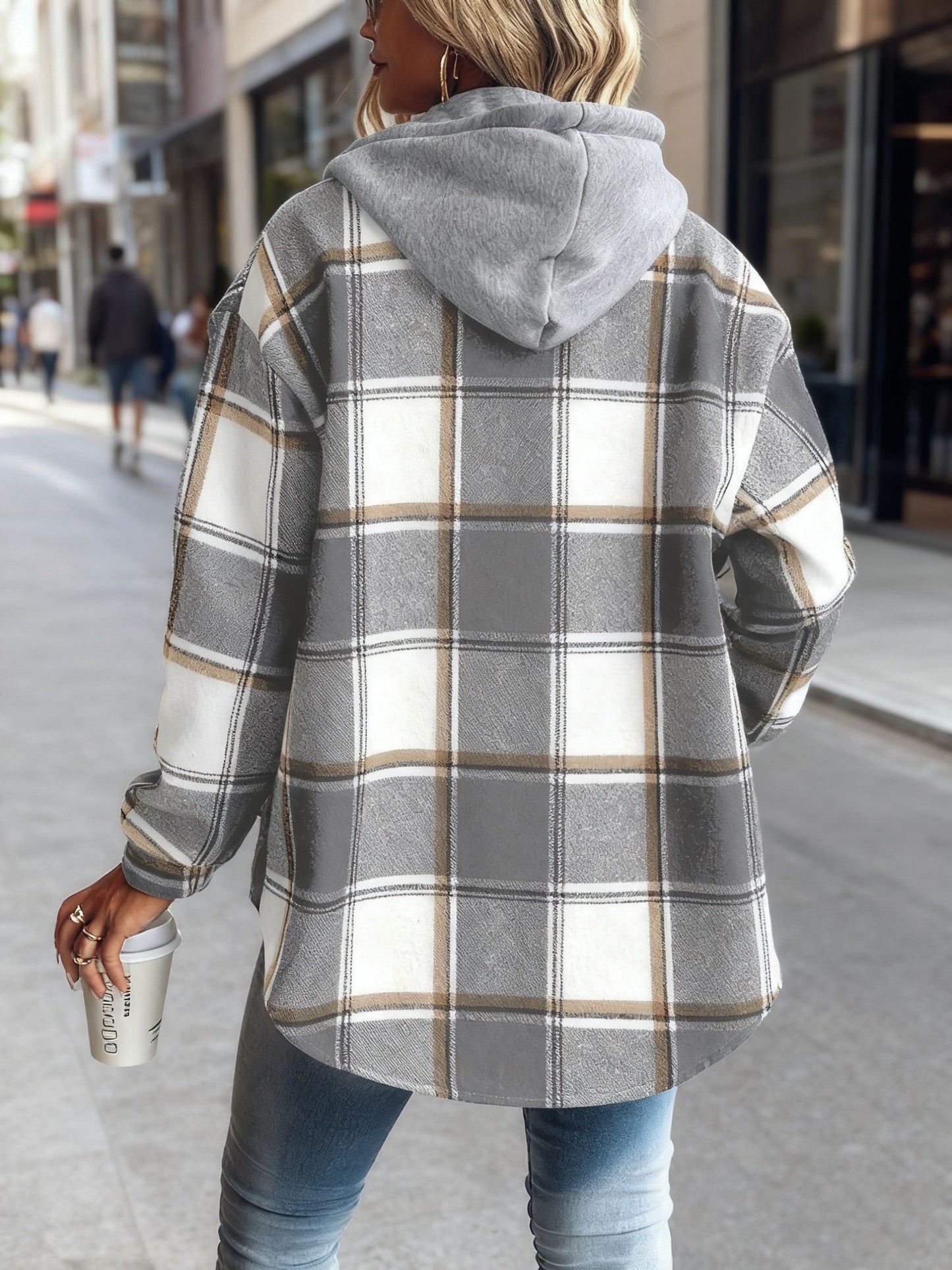 Plaid Hooded Jacket for Women Featuring a Lining, Perfect for Chilly Fall And Winter Days. It Has an Adjustable Hood And a Button-Front Closure, And Is Machine Washable. Available in Brown, Beige, White, And Black