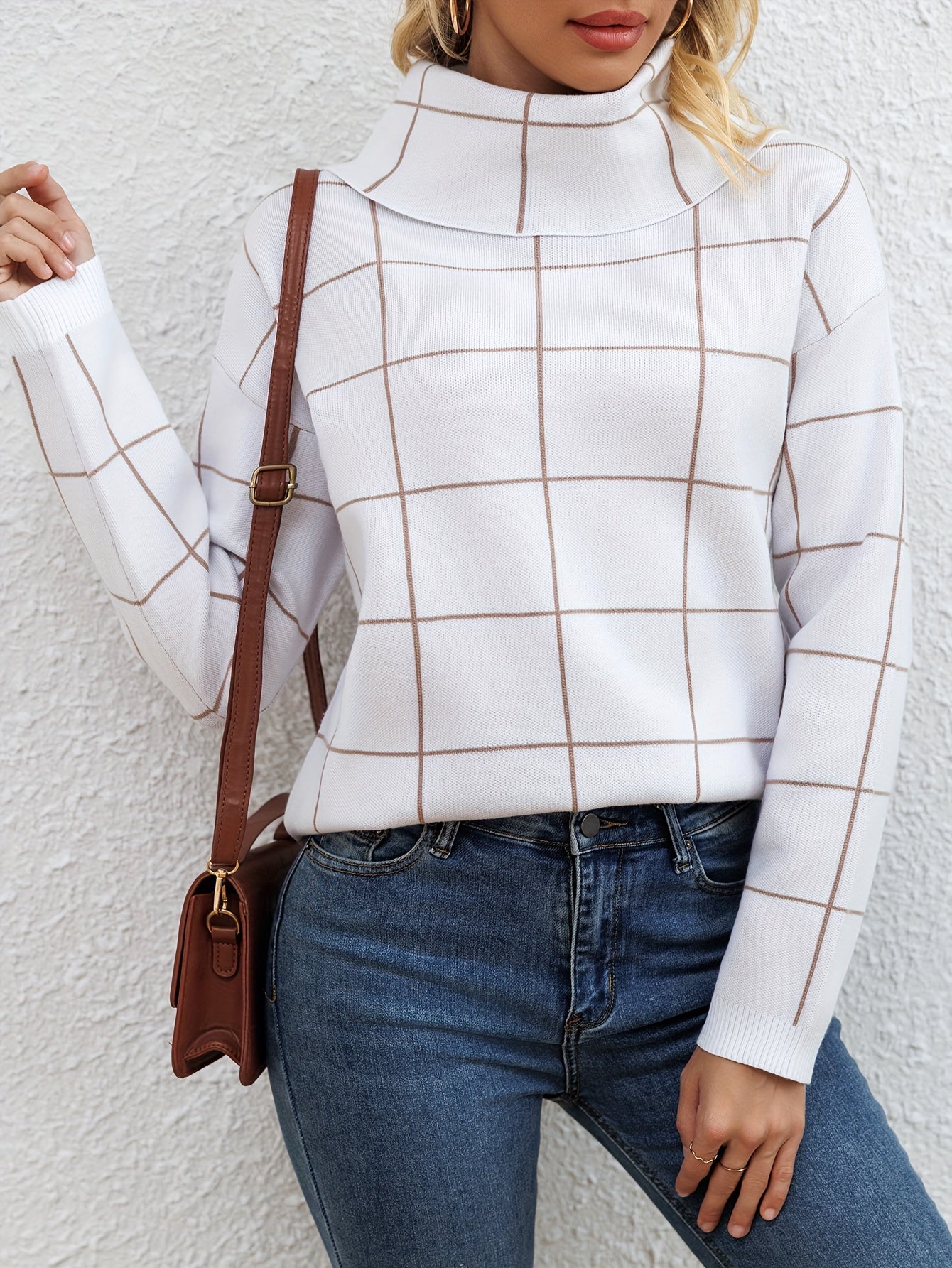 Women's grid jacquard high pile collar shoulder long sleeve loose comfortable fashion generous half long slit autumn and winter shirt