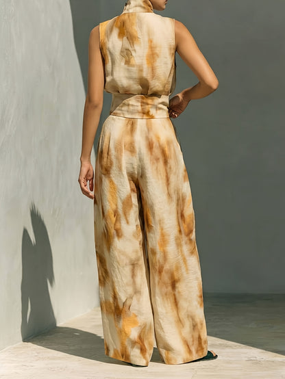Blue & Brown Tie-Dye Print High Neck Sleeveless Top + Matching Wide-Leg Pants Women's Set | Artistic Edgy Charm, Perfect for Daily Street Style & Casual Gatherings