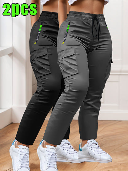 2-pack of Women'S Multi-pocket Slim Cargo Pants, Drawstring Zip Pocket Design, Straight Leg Casual Trousers, Suitable for Outdoor Sports, Everyday Wear, and Dates.