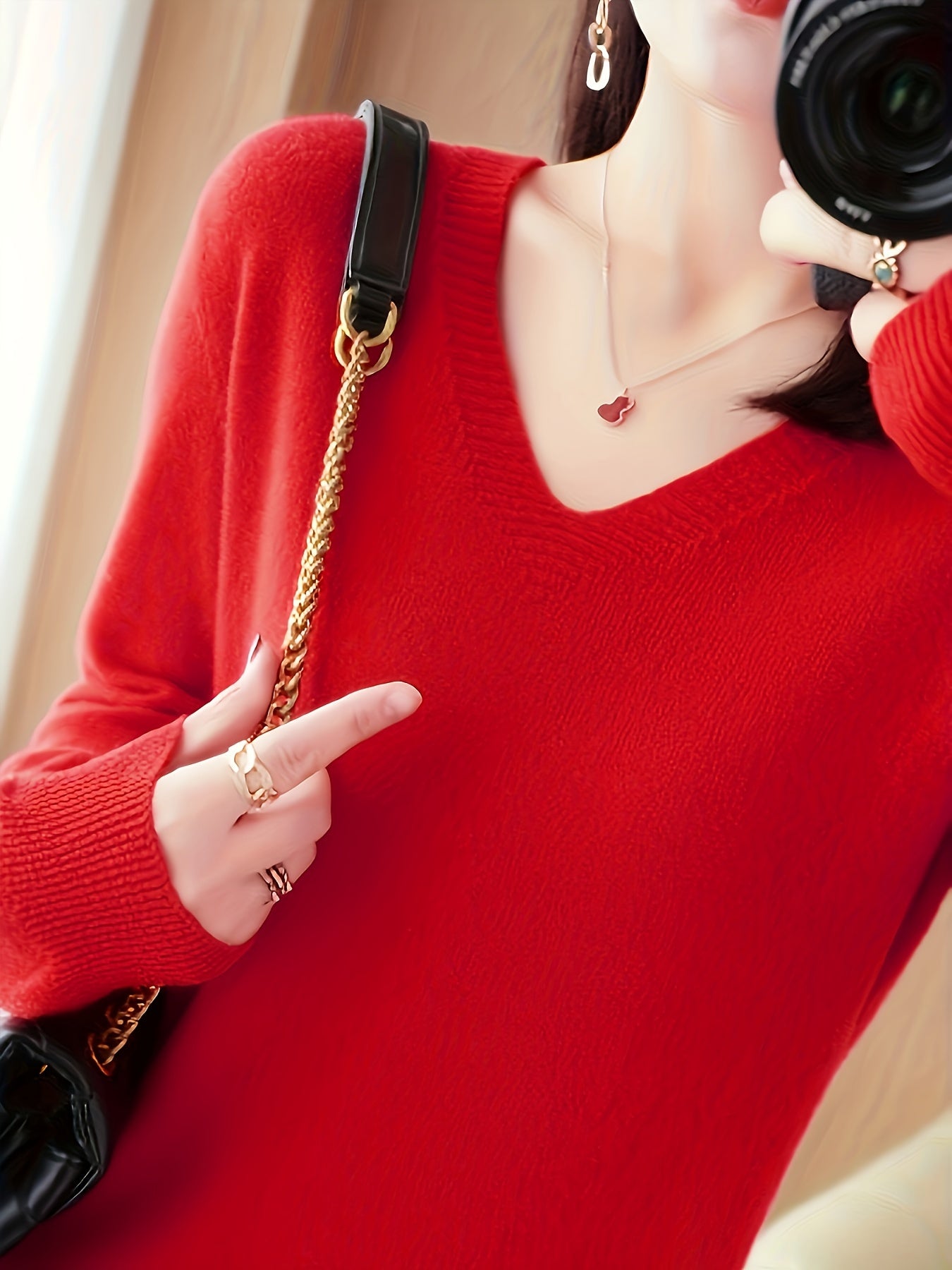 New Women's Solid Color V-Neck Knitted Base Sweater Pullover, Comfortable And Slimming Sweater For Autumn And Winter, Thin And Stylish Inner Layer, Suitable For Daily Wear