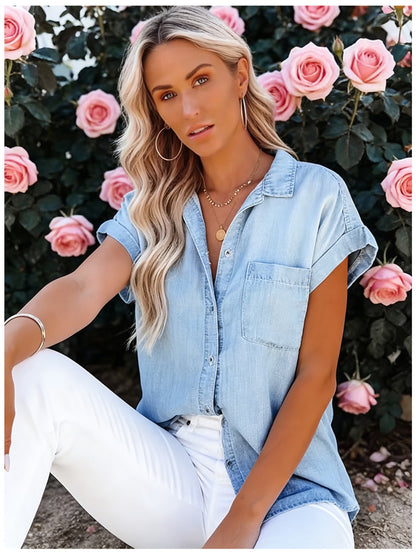 Women's Summer Denim Shirt Short Sleeve Oversized Casual Button T-Shirt Blue Jean Blouse Loose Fit Western Retro