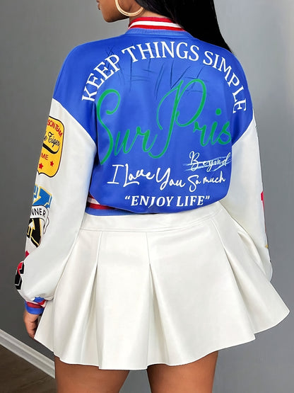Casual Baseball Bomber Coat for Women Featuring a Color Block Design And Letter Print, Complete with Long Sleeves