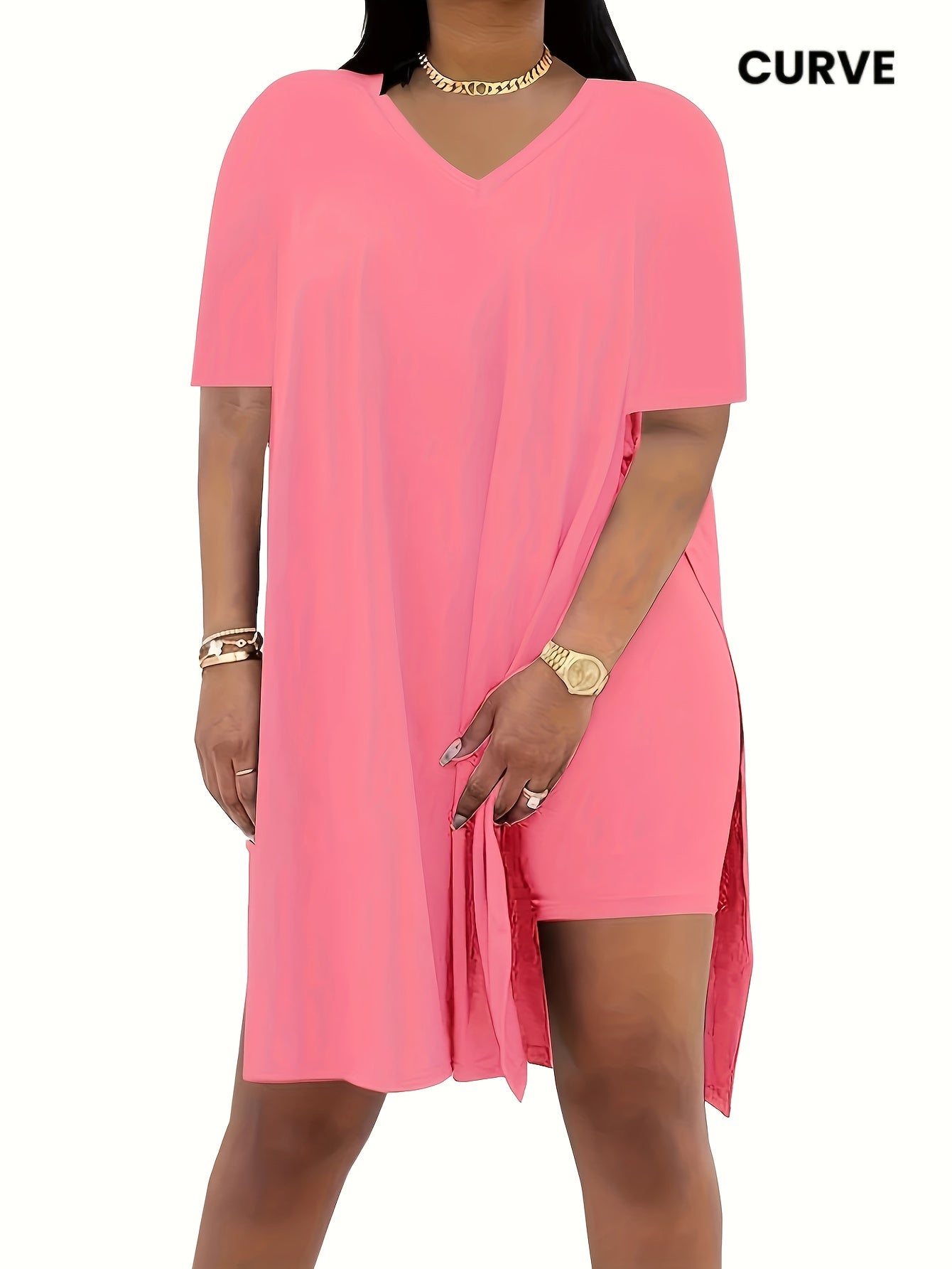 Two-Piece Outfit for Plus-Size Women Featuring a Casual V-Neck Short-Sleeve Top with Side Slits And Drawstring Leggings, Made from Comfortable, Ideal for Everyday Wear