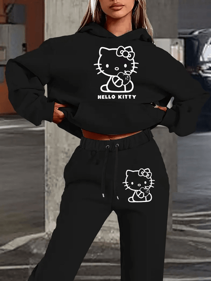 Women's Autumn and Winter Fashion Casual Sweater Casual Pants 2pcs Set, Printed with Sanrio Hello Kitty Pattern Print Design, Women's Casual Pants Set, Fashion Hooded Sweater + Drawstring Trousers 2pcs Set, Loose Version