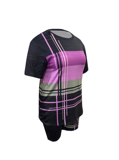 [Casual Printing Suit] Plus Size - Ladies Striped Short-Sleeved Shorts Fashion Casual Printing Suit, Pockets, Bullets, Suitable For Everyday Wear