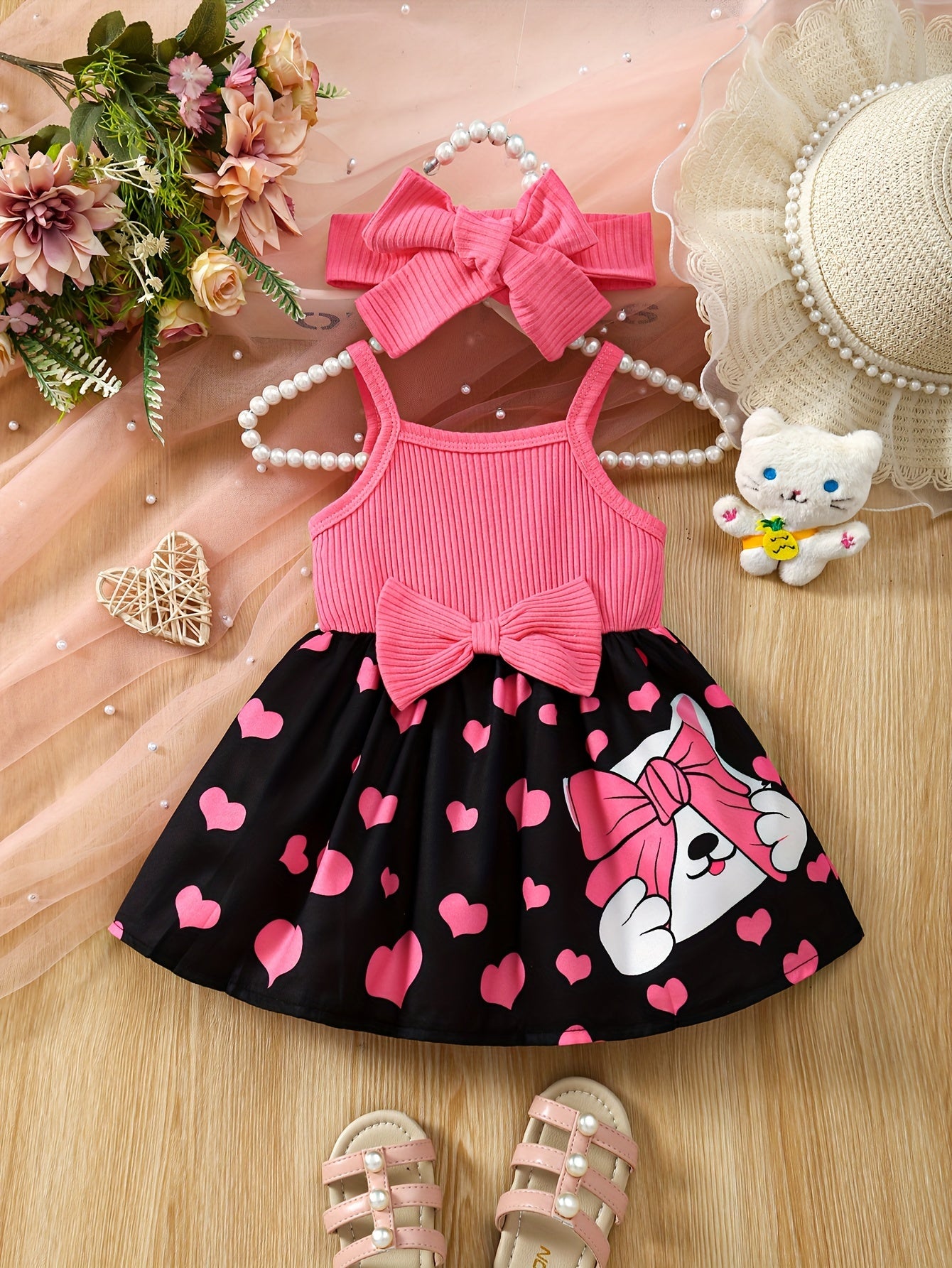 Baby's Cartoon Elephant & Heart Pattern Cami Dress Set, Lovely Bowknot Decor Sleeveless Dress & Headband, Infant & Toddler Girl's Clothing for Summer/Spring, As Gift