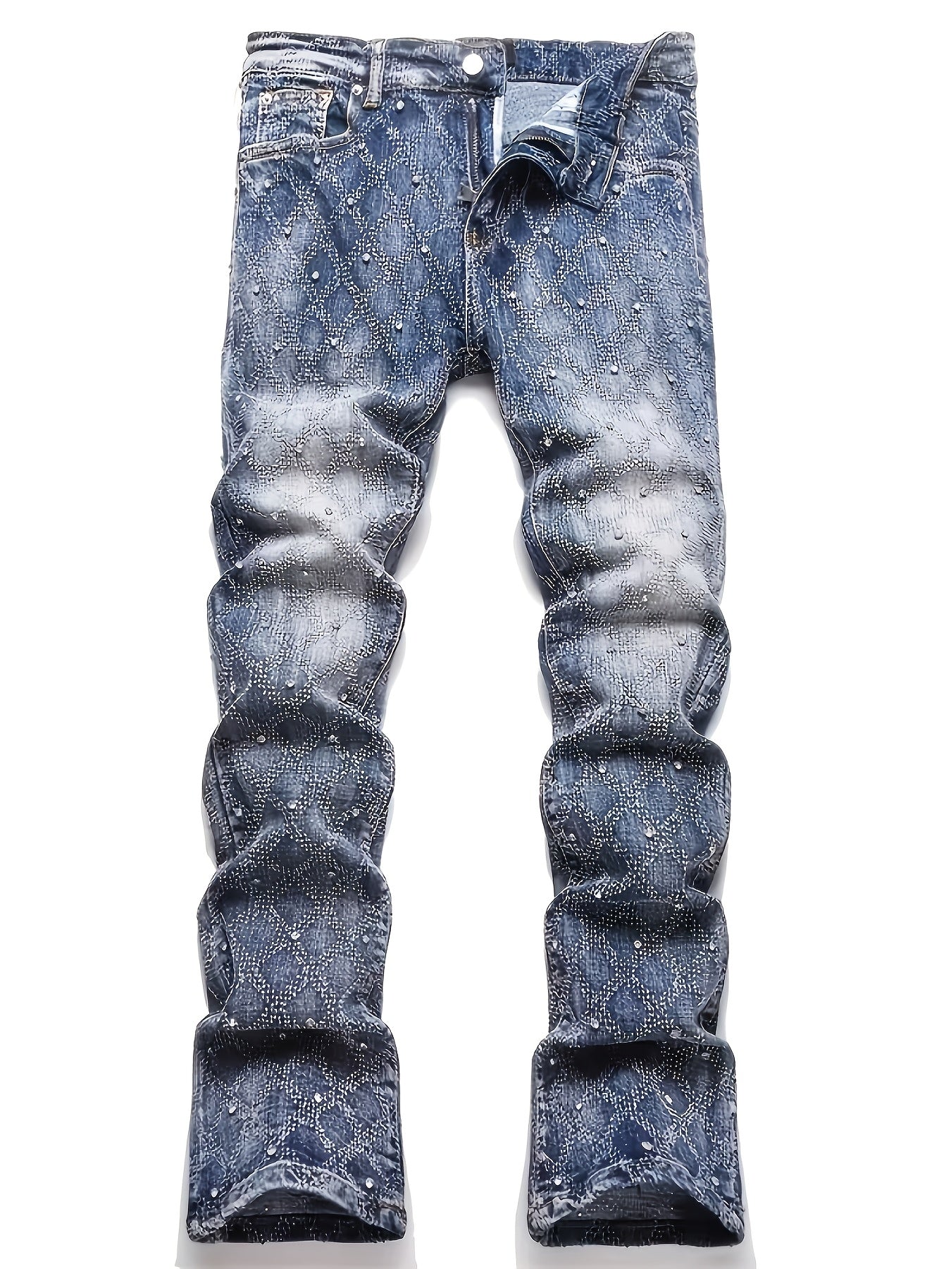 Y2K Men's Shiny Rhinestone Embellished Stretch Slim-Fit Jeans, Casual Street Style Hip-Hop Skateboarding Rap Pants, Machine Washable - All-Season Wear