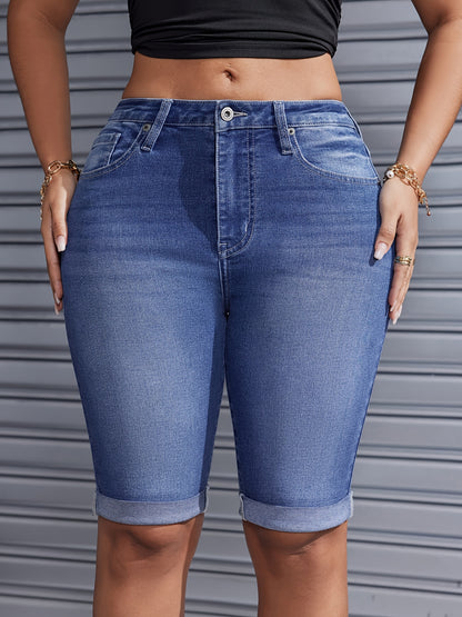 Women's Mid-waist Roll Cuff Bermuda Stretch Denim Shorts Everyday Everything Suitable for Daily Wear Tight Fit Suitable for Family And Friends Gifts