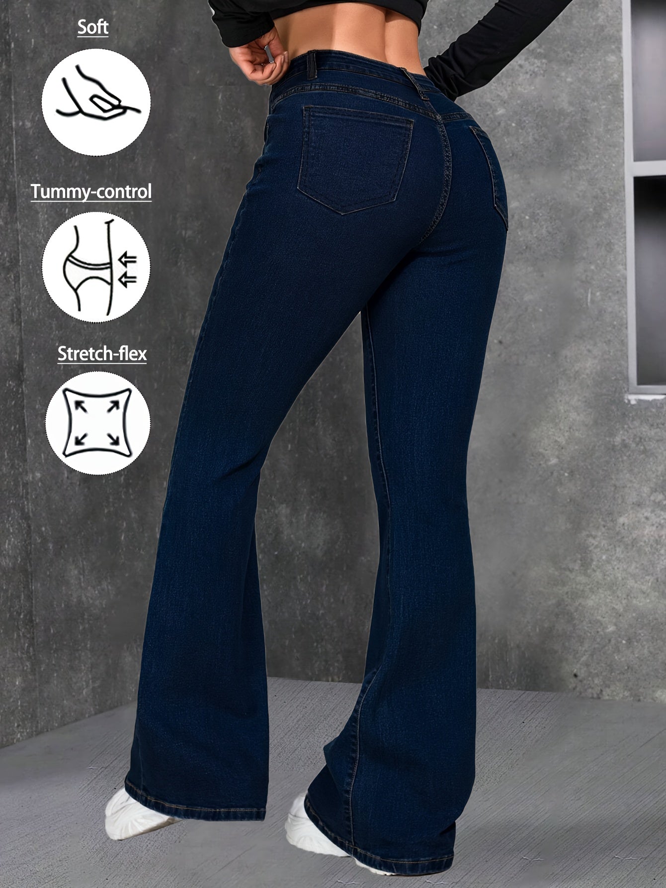 Women Blue Flared Jeans High Rise Stretch Denim Pants Soft Comfortable Fit Slim Silhouette Fashion Forward Trendy Modern Style Versatile Casual Attire Chic Look Durable Quality Easy Matching Figure Flattering Essential Casual Denim Bottoms