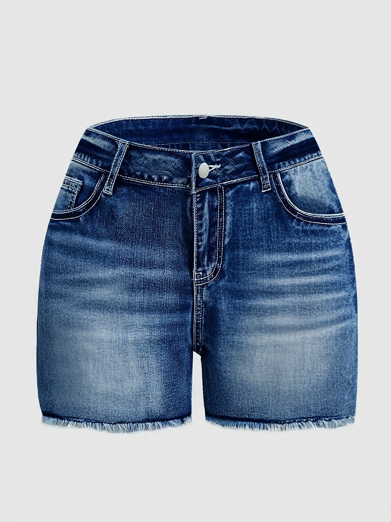 Women'S High-Waist Stretch Washed Blue Embroidery Frayed Denim Shorts - Casual Mature Style Versatile For Outings