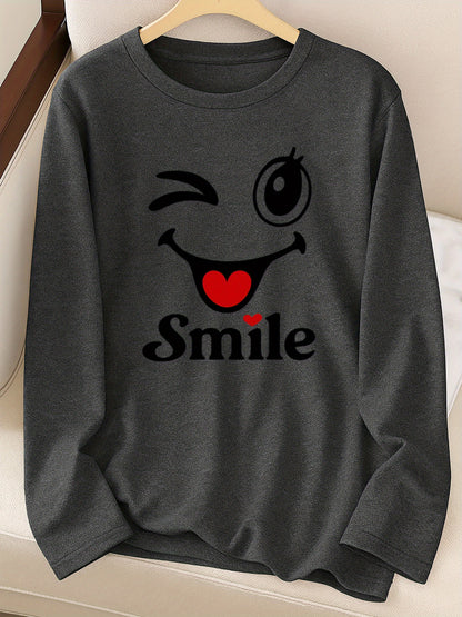 Milk Line 180g Premium Polyester Long Sleeve T-Shirt - Vibrant joyful Face & Blinking Eye Graphic Print, Asymmetrical Hem, Crew Neck Casual Elegant Pullover for Spring Summer Fall, Machine Washable