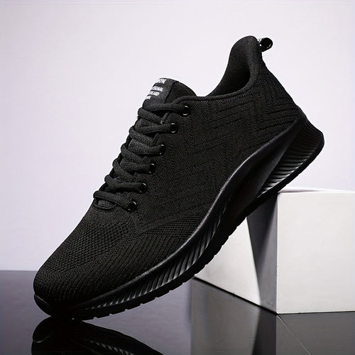 Men's Lightweight Breathable Running Shoes - Minimalist Black Sneakers with Cushioned EVA Sole, Lace-Up Training Shoes for Gym, Jogging, Everyday - All-Season Athletic Footwear, Foam Runner Shoes, Jogging Footwear, Sleek Sporty Design, Flexible Footwear