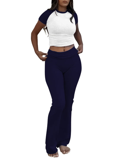 Casual Solid Color Slim Two-piece Pants Set, Short Sleeve Crew Neck T-shirt & Skinny Flared Leg Pants Outfits, Women'S Clothing