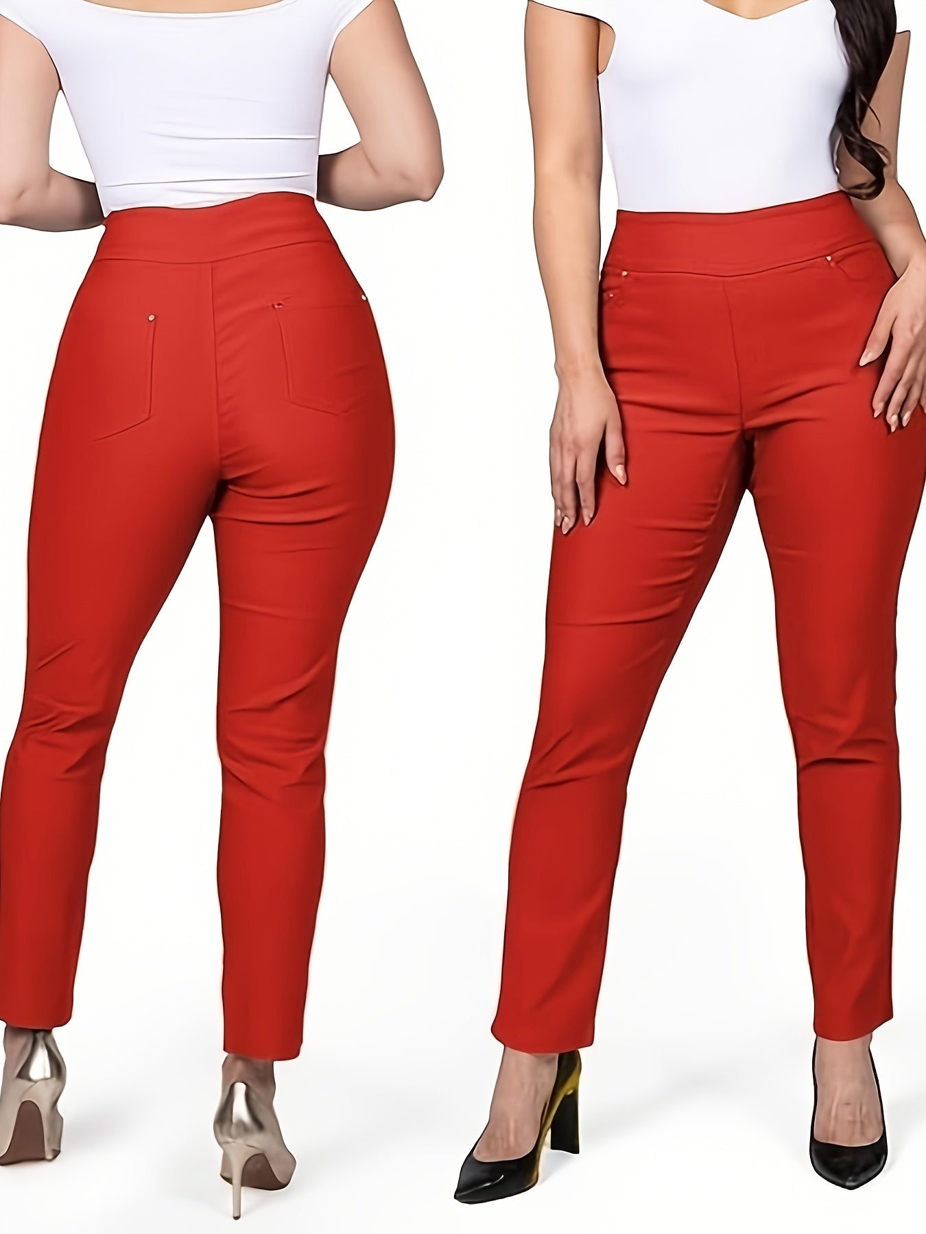Slim Fit High-Waisted Pants for Women Featuring Five Pockets, Designed for Easy Pull-On Wear, Suitable for Work Or Casual Office Settings