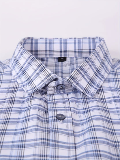 Men's Navy Blue & White Plaid Cotton Long-Sleeve Shirt - product view 33