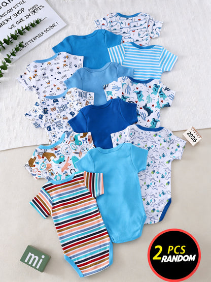 Randomly Shipped 2pcs, Spring/Summer Boys' Clothing, Triangle Crawling Suit | Onesie, Animal World 3D Print, Machine Washable, Polyester, Soft and Skin-Friendly, for 0-3 Year Old Boys and Girls, Newborn Gift, Maternity Gift, Perfect for Outdoor