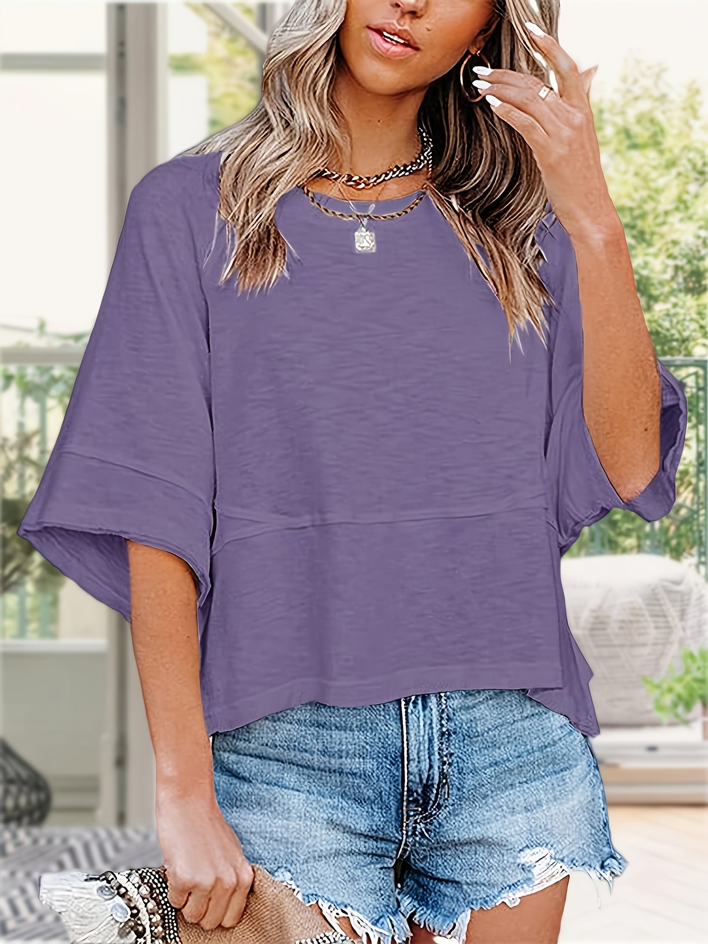 Women'S Summer Casual Crewneck Batwing Half Sleeve T-Shirts Solid Color Loose Fit Cute Basic Flowy Tops Tees Blouses