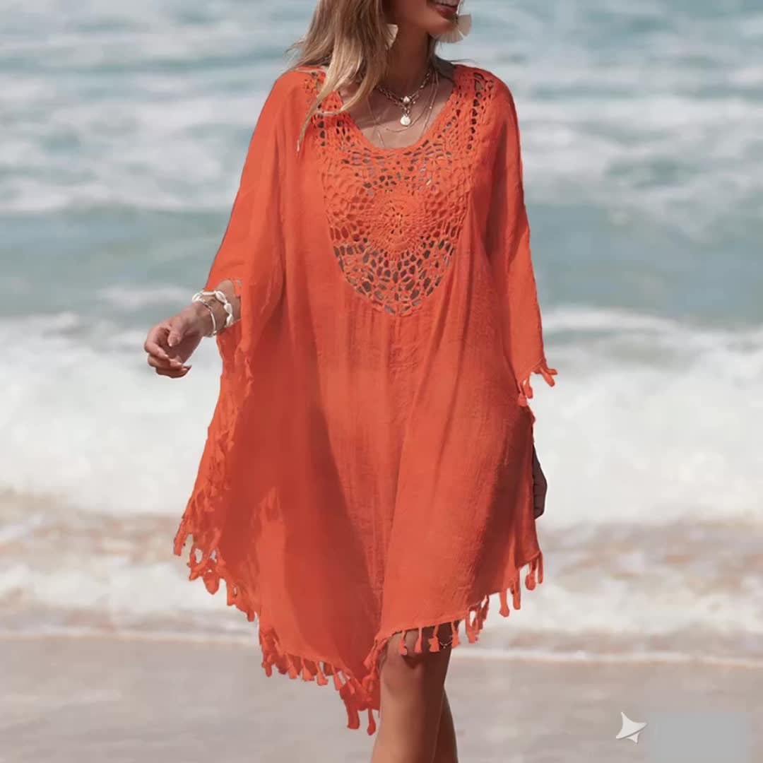 Women's Sexy Crochet Batwing Sleeve Tassel Hem Top - Black Hollow Out Design, Resort Wear Beach Cover-Up, Lightweight Polyester, Perfect for Spring & Summer