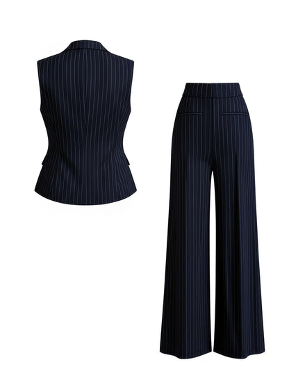 2pcs Set: Black Striped Suit Vest + Bell-Bottom Pants | Women's Vintage-Inspired, Sleek Office Wear Perfect for Commuting, Formal Occasions, and Spring/fall Styling.