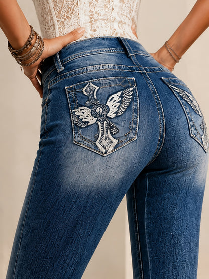 Women'S High-Stretch Embroidered Flared Jeans, Fashionable Casual Jeans, Women'S Jeans And Clothing