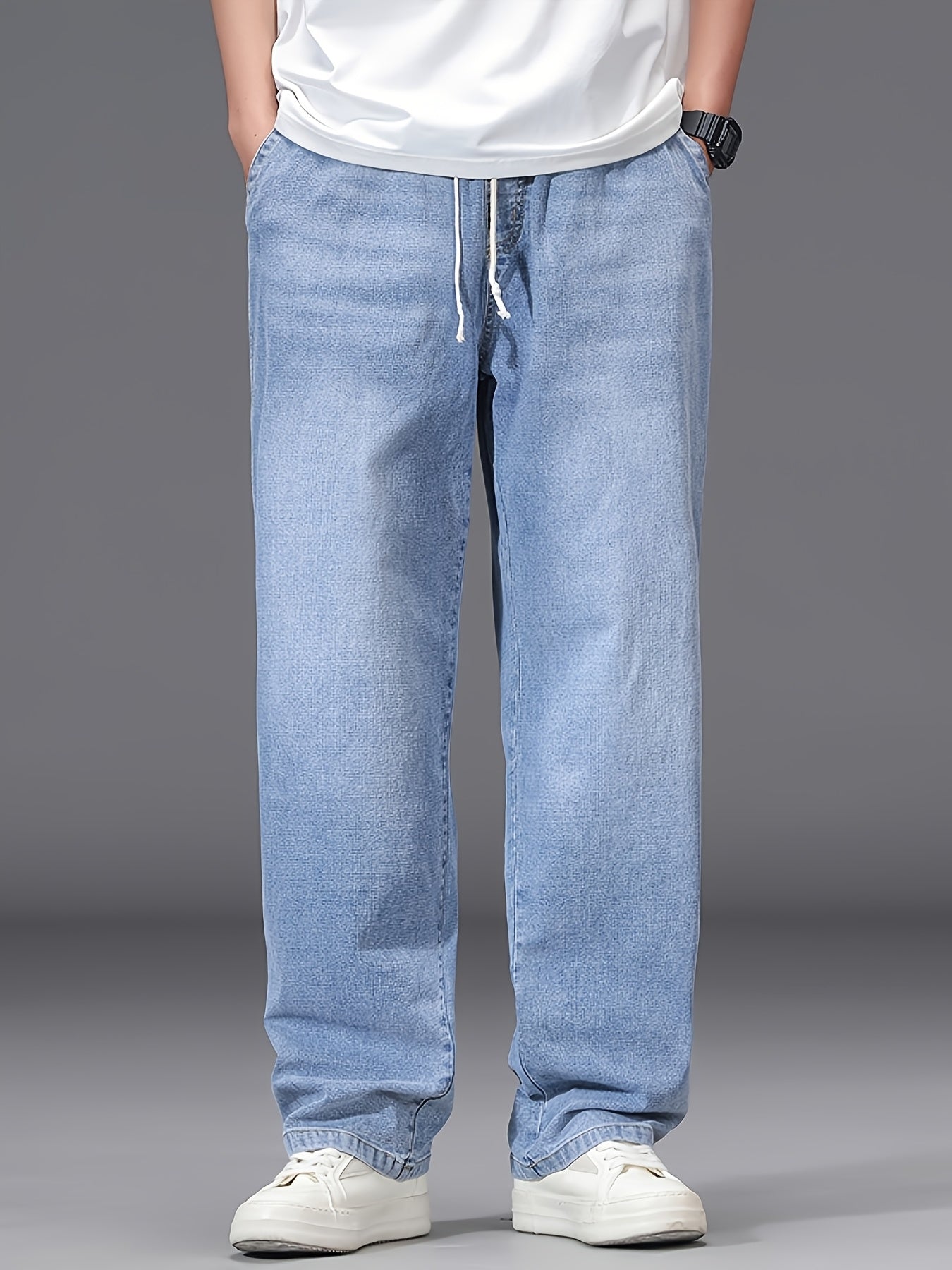 Large Size Jeans Men's Straight Leg Loose Fit Elastic Pants with Added And Extra Pants Elastic Waist Men's Simple And Versatile Denim Pants Men's Jeans Four Season Style, PLUS SIZE
