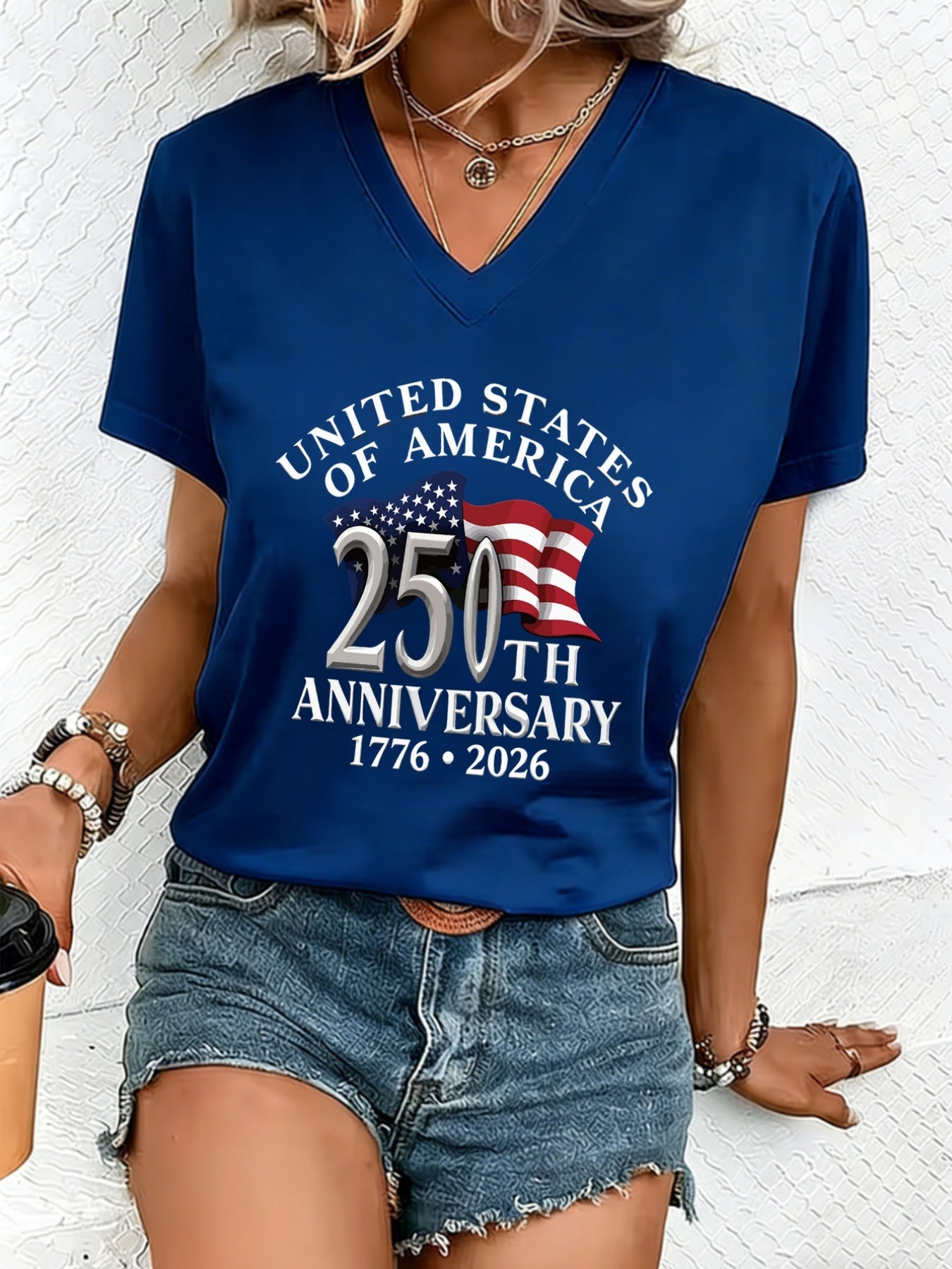 Women'S Elegant Vneck Short-Sleeved T-Shirt | Featuring Flag Print, Soft Stretchy Fabric, Machine Washable, Ideal For Spring/Summer Casual Wear
