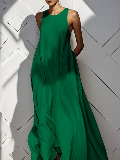 Women'S Long Dress, Summer Sleeveless Pocket Solid Skirt, Flared Ruffled Cutout Round Neck Loose Casual Vacation Fashion Everyday Pleated Maxi Dress