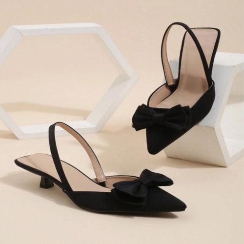 Fashionable Women's High Heel Sandals, Women's High Heels, Exquisite Women's Shoes with A Gentle Style, Black Satin Heels, Pointed Toe with A Bow And Kitten Heel Design, Suitable for Work, Dates, And Daily Commutes. Local Warehouse., Women Shoes