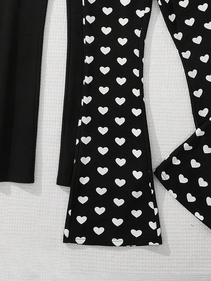 2pcs Girls' Heart Print & Solid Black Flare Leg Pants - Stretchable Bell-Bottom Trousers with Heart Patterns, Machine Washable Suitable for Outdoor Play, Dance, Gym, Casual Wear, All-Season for Aged 3+, Perfect for Outdoor