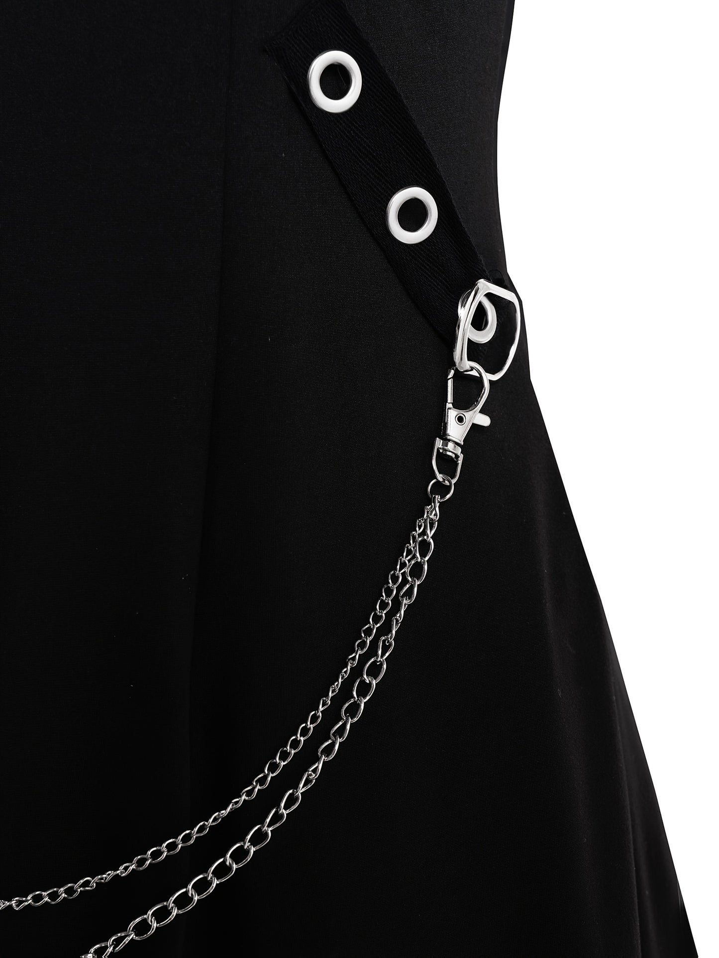 Rock Gothic Metal Piece Decorated V-Neck Vest Dress with Hooded Long Sleeve Top Two-Piece Set, Unique Gothic Style Detachable Chain Vest Skirt and Curved Hem Caped Long Sleeve Shirt, Versatile Separates Women's Outfit for Party and Casual Wear
