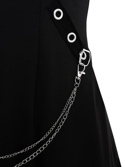 Rock Gothic Metal Piece Decorated V-Neck Vest Dress with Hooded Long Sleeve Top Two-Piece Set, Unique Gothic Style Detachable Chain Vest Skirt and Curved Hem Caped Long Sleeve Shirt, Versatile Separates Women's Outfit for Party and Casual Wear