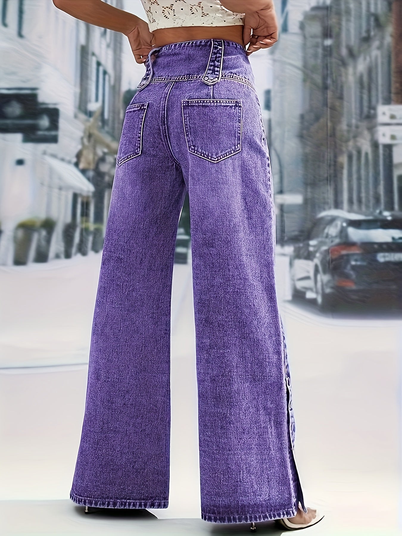 Women'S Light Blue Denim with a High Waist And Snowflake Pattern, Featuring a Buckle Design, Snap Boot Pant Legs, And a Straight, Loose Wide-Leg Cut. This Stylish Casual Outfit Is Perfect for Weekdays And Weekend Shopping, Machine Washable