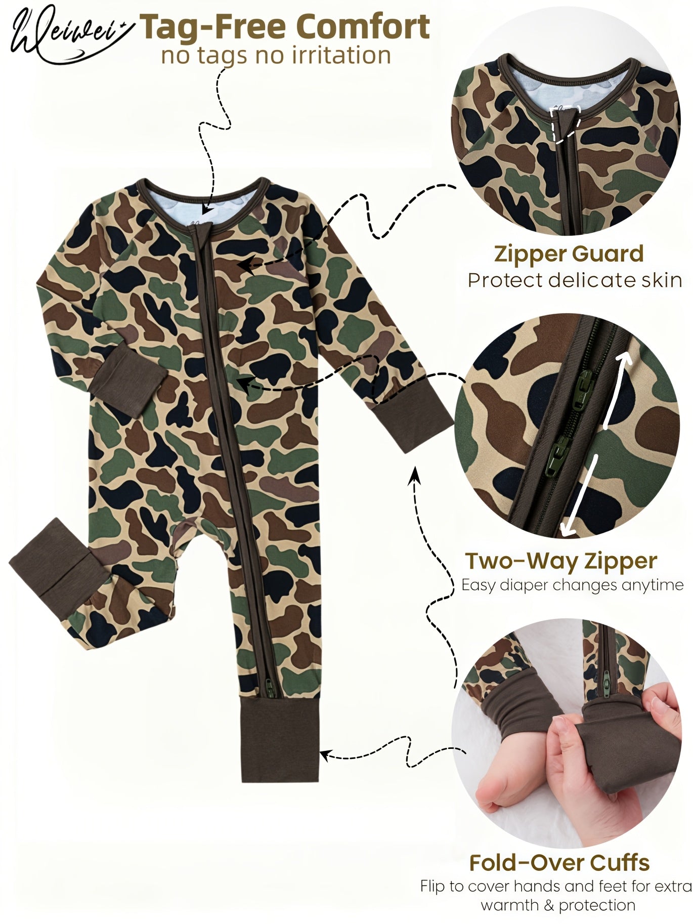 VVCAREKIDS Unisex Bamboo Fiber Camo Jumpsuit - Aseptic, Camo Print, Full-Body Zip-Up Coveralls, Casual Style, Machine Washable, All-Season Comfort, Regular Fit, Hand & Foot Design, High-Quality Printing, Perfect For Outdoor