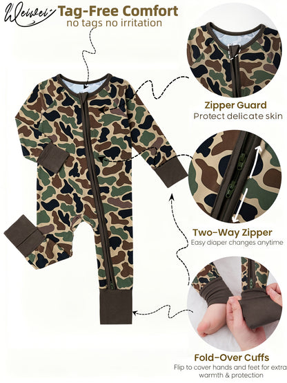 VVCAREKIDS Unisex Bamboo Fiber Camo Jumpsuit - Aseptic, Camo Print, Full-Body Zip-Up Coveralls, Casual Style, Machine Washable, All-Season Comfort, Regular Fit, Hand & Foot Design, High-Quality Printing, Perfect For Outdoor