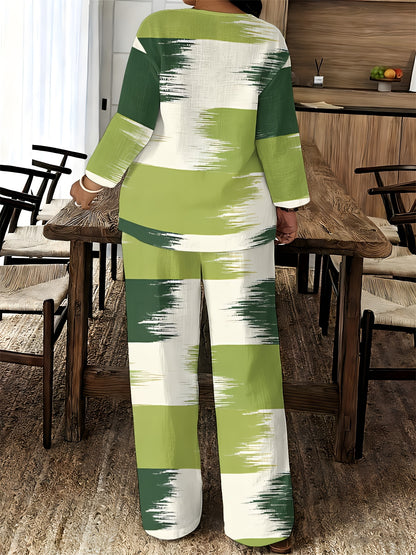 2026 New Women's Standard Size Long Sleeved Pants 2pcs Set, Set, Spring And Summer New V-Neck Long Sleeved Shirt Printed Elastic Waistband Pants 2pcs Set, Digital Printing Machine Washable Fabric, Elegant And Comfortable
