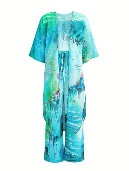 Women's casual sportswear shirt two-piece set, holiday printed casual set