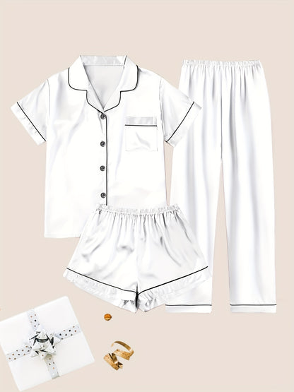 Women'S Solid Satin Casual Pajama Set, Short Sleeve Buttons Lapel Top & Shorts & Pants, Comfortable Relaxed Fit