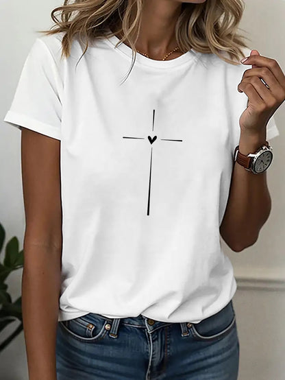 Women's Casual Sports T-shirt, Round-neck T-shirt, Simple Artistic T-shirt with Cross and Heart Design, Artistic Aesthetic for Women's Daily Wear, Comfortable for All Seasons, Short-sleeved Top