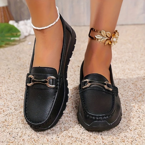 Chic Slip-On Loafers for Women with Metal Buckles - Black Synthetic Material, TPR Sole, Year-Round Comfort Shoes Featuring Decorative Buckles, Casual Footwear | Trendy Loafers | Comfortable Shoes, Women Shoes