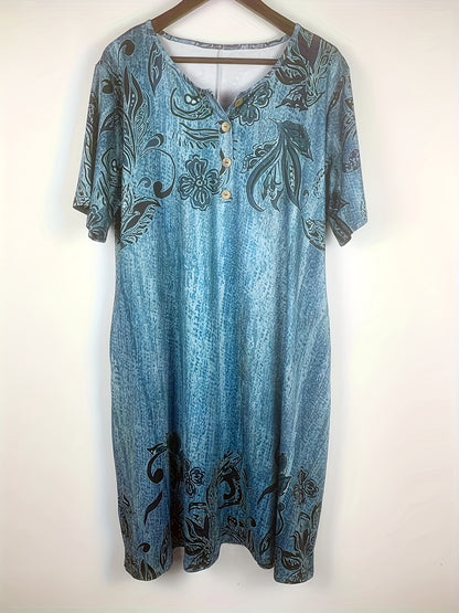 Plus Size, Women's Short Sleeve V-Neck Button Floral Print Dress