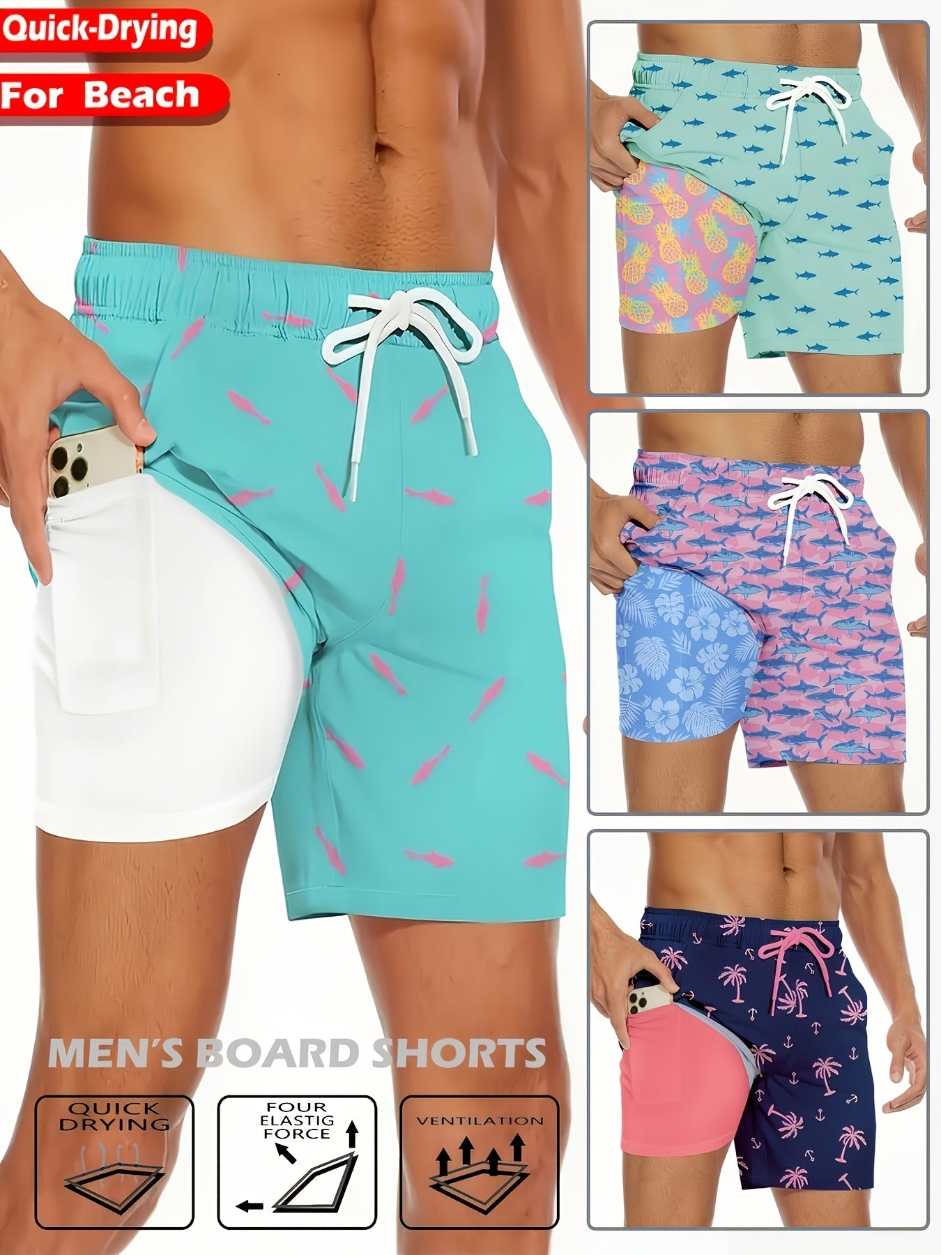 Keevoom Men'S Swim Trunks Quick-Dry 2-in-1 Built-in Liner With Belt Loop Pocketed Compression Liner Shorts Lightweight Surf Shorts Ideal For Swimming, Beach Vacations, Gym Use